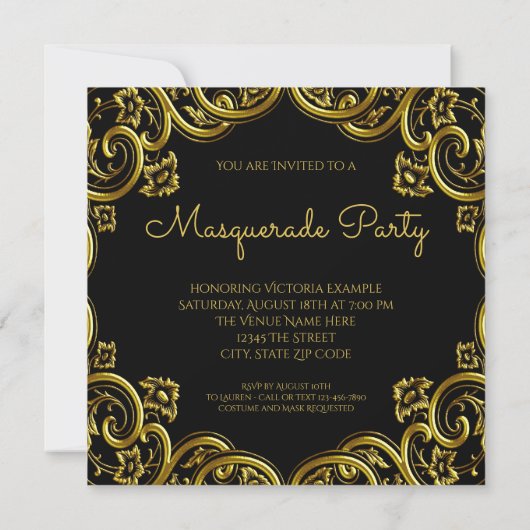 黒と金ゴールドのフェザーマスクマスカレードパーティー 招待状 (裏面)