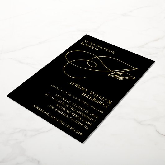 黒と金ゴールドのフォトスクリプトとQRコー結婚ド 箔招待状 (回転した状態)