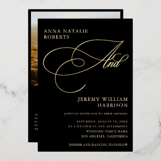 黒と金ゴールドのフォトスクリプトとQRコー結婚ド 箔招待状 (正面/裏面)