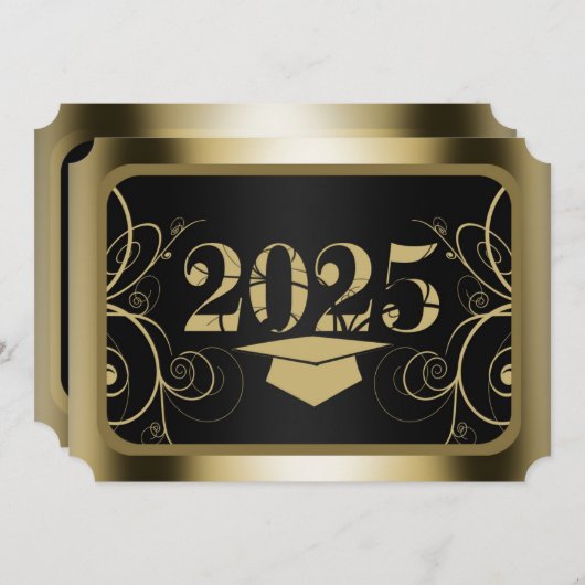 黒と金ゴールドのフレームの卒業 招待状 (正面/裏面)