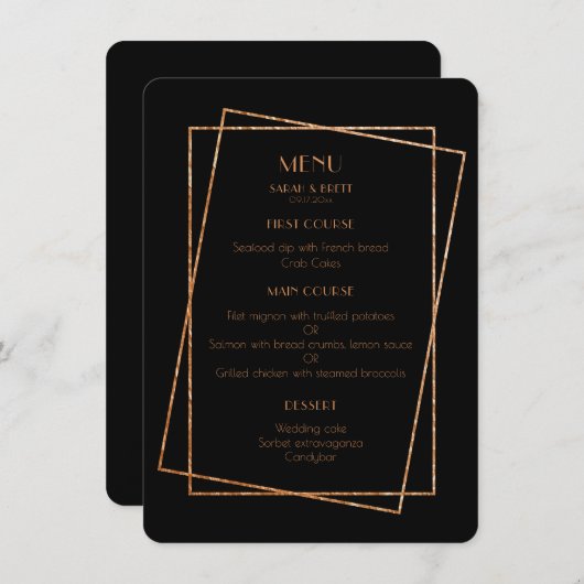 黒と金ゴールドのフレーム結婚アートデコのメニューカード メニュー (正面/裏面)