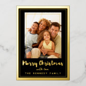 黒と金ゴールドのフレーム陽気なクリスマス家族の写真 箔シーズンカード (正面)