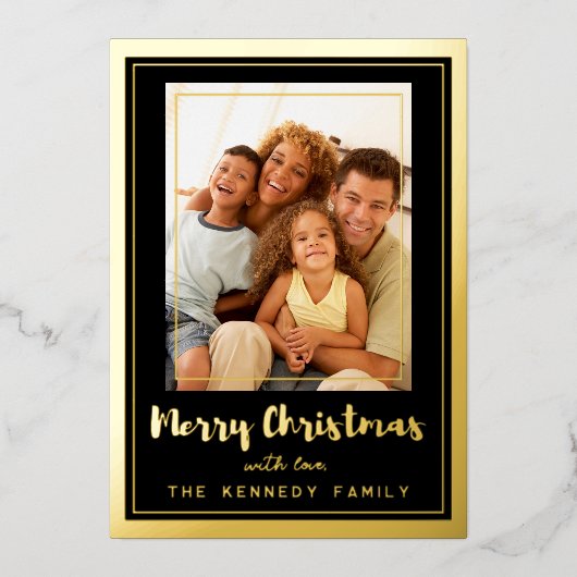 黒と金ゴールドのフレーム陽気なクリスマス家族の写真 箔シーズンカード (正面)
