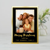黒と金ゴールドのフレーム陽気なクリスマス家族の写真 箔シーズンカード (立ち正面)