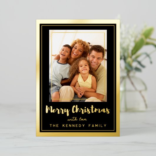 黒と金ゴールドのフレーム陽気なクリスマス家族の写真 箔シーズンカード (立ち正面)