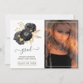 黒と金ゴールドのフローラの卒業写真 案内状 (正面)