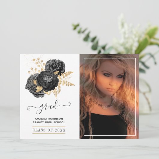 黒と金ゴールドのフローラの卒業写真 案内状 (スタンド正面)