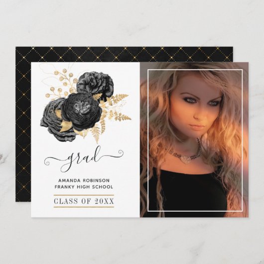 黒と金ゴールドのフローラの卒業写真 案内状 (正面/裏面)