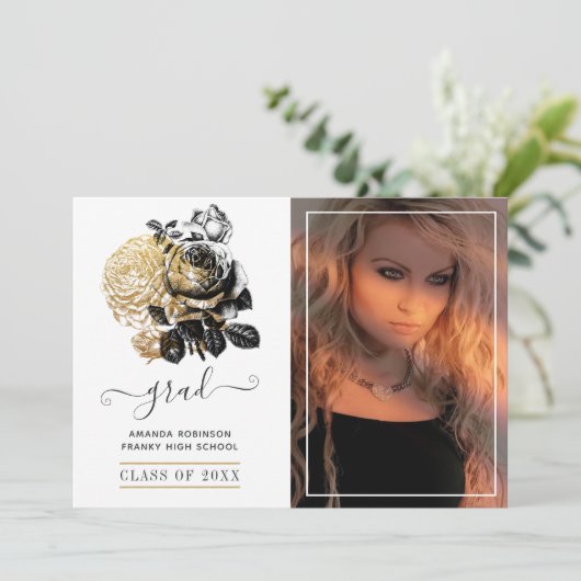 黒と金ゴールドのフローラの卒業写真 案内状 (スタンド正面)