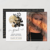 黒と金ゴールドのフローラの卒業写真 案内状 (正面/裏面)