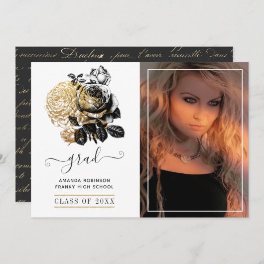 黒と金ゴールドのフローラの卒業写真 案内状 (正面/裏面)