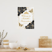 黒と金ゴールドのフローラキンセアニェラウェルカムサイン ポスター (キッチン)