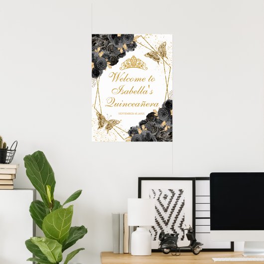 黒と金ゴールドのフローラキンセアニェラウェルカムサイン ポスター (ホームオフィス)