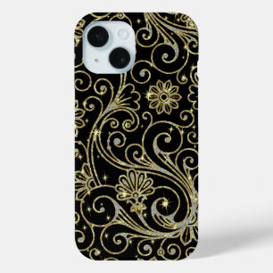 黒と金ゴールドのフローラグリッターときらめき iPhone 15ケース