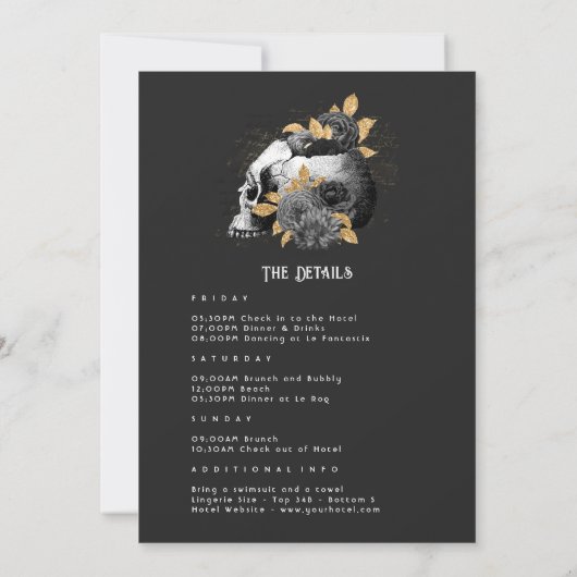 黒と金ゴールドのフローラゴシックバチェロレッテ週末 招待状 (裏面)