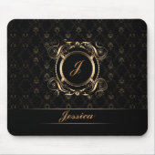 黒と金ゴールドのフローラサークルのフレームをモノグラーム マウスパッド (正面)