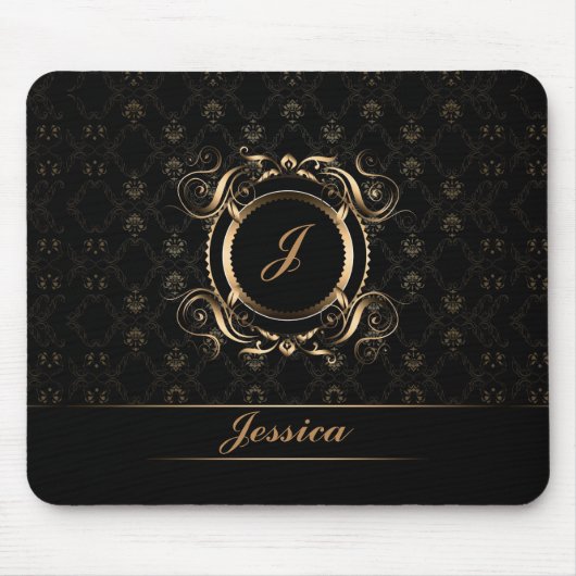 黒と金ゴールドのフローラサークルのフレームをモノグラーム マウスパッド (正面)