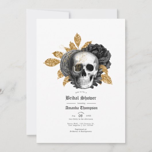 黒と金ゴールドのフローラスカルゴシックブライダルシャワー 招待状 (正面)