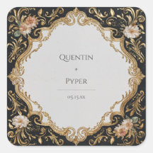 黒と金ゴールドのフローラフレーム結婚のステッカー