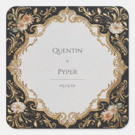 黒と金ゴールドのフローラフレーム結婚のステッカー スクエアシール