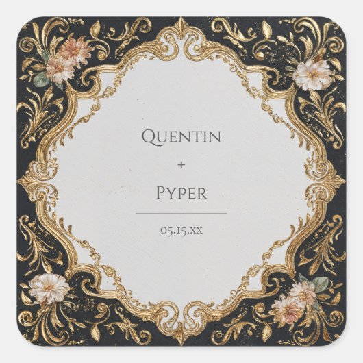 黒と金ゴールドのフローラフレーム結婚のステッカー スクエアシール (正面)