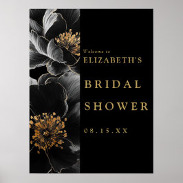 黒と金ゴールドのフローラブライダルシャワーウェルカムサイン ポスター