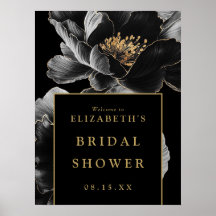 黒と金ゴールドのフローラブライダルシャワーウェルカムサイン