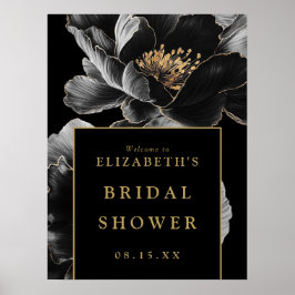 黒と金ゴールドのフローラブライダルシャワーウェルカムサイン ポスター