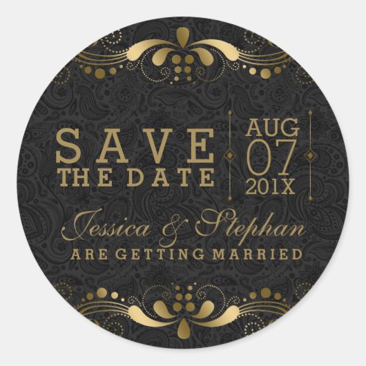 黒と金ゴールドのフローラレース日付の保存 ラウンドシール (正面)