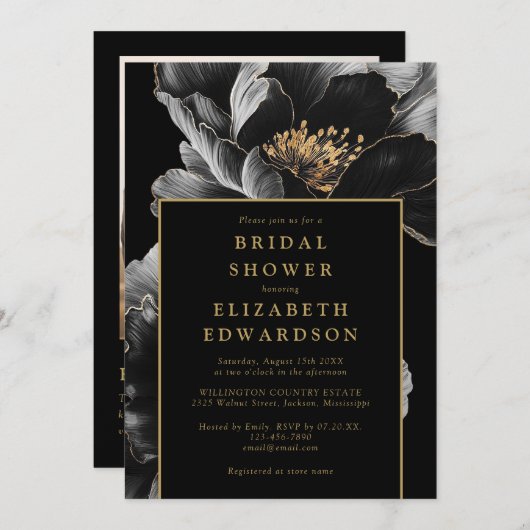 黒と金ゴールドのフローラ写真QRコードブライダルシャワー 招待状 (正面/裏面)