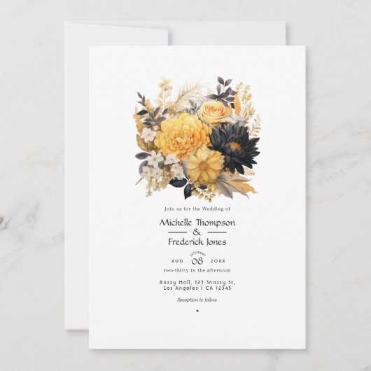 黒と金ゴールドのフローラ冬の結婚式 招待状 (正面)