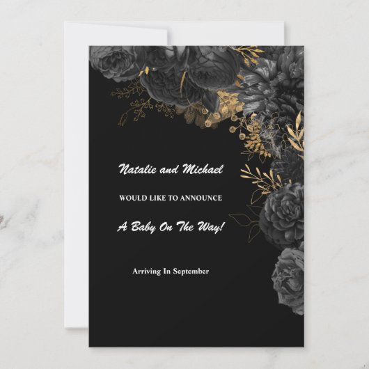 黒と金ゴールドのフローラ妊娠の発表 案内状 (正面)