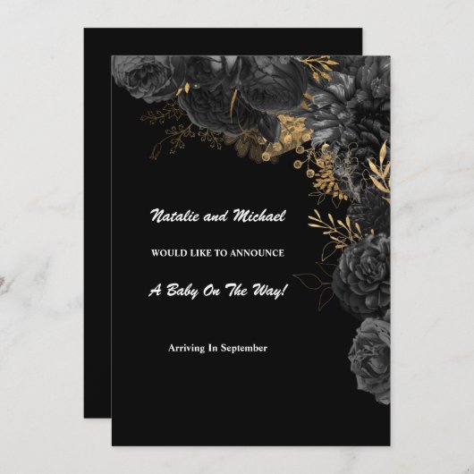 黒と金ゴールドのフローラ妊娠の発表 案内状 (正面/裏面)