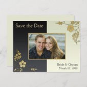 黒と金ゴールドのフローラ日付写真はがきを保存 案内ポストカード (正面/裏面)