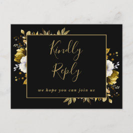 黒と金ゴールドのフローラ曲のリクエストRSVPポストカード インビテーションポストカード