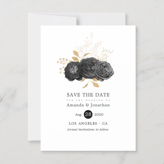 黒と金ゴールドのフローラ結婚式の日付を保存 マグネット招待状 (正面)