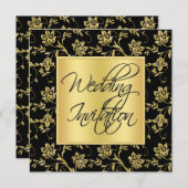 黒と金ゴールドのフローラ結婚式招待状 招待状 (正面/裏面)