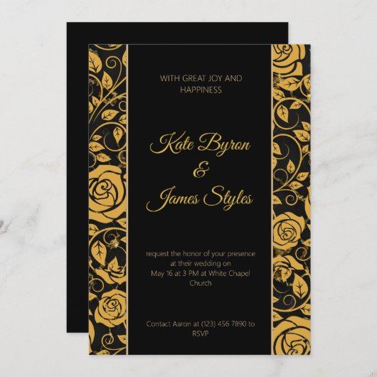 黒と金ゴールドのフローラ結婚式招待状 招待状 (正面/裏面)