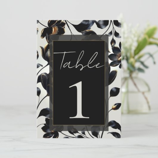 黒と金ゴールドのフローラ結婚Greigeの表番号 招待状 (スタンド正面)