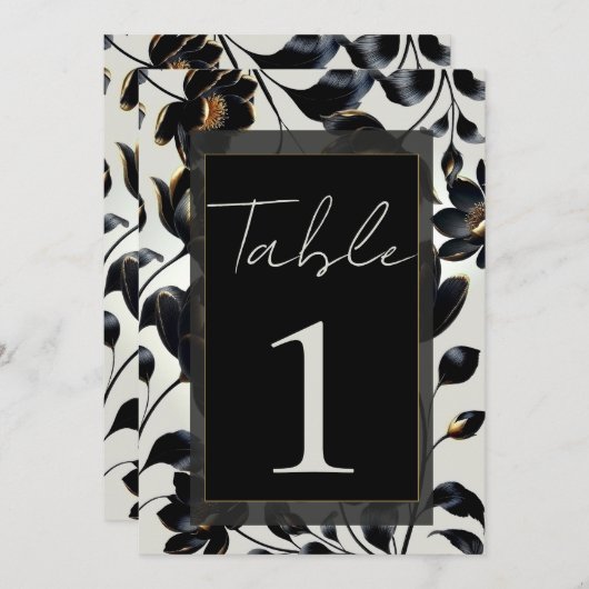 黒と金ゴールドのフローラ結婚Greigeの表番号 招待状 (正面/裏面)