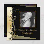 黒と金ゴールドのフローラ縁どの誕生日の招待 招待状 (正面/裏面)