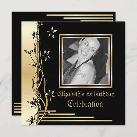 黒と金ゴールドのフローラ縁どの誕生日の招待 招待状 (正面/裏面)