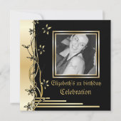 黒と金ゴールドのフローラ縁どの誕生日の招待 招待状 (正面)