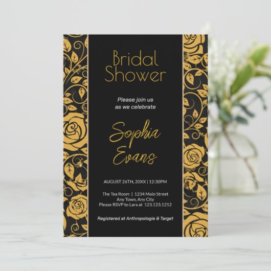 黒と金ゴールドのフローラ縁どブライダルシャワー 招待状 (スタンド正面)