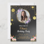 黒と金ゴールドのフローラ誕生日パーティーの招待 招待状 (正面)