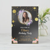 黒と金ゴールドのフローラ誕生日パーティーの招待 招待状 (スタンド正面)