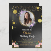 黒と金ゴールドのフローラ誕生日パーティーの招待 招待状 (正面/裏面)