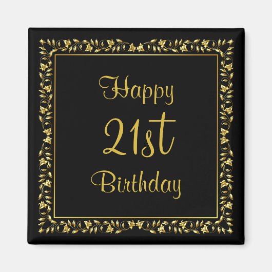 黒と金ゴールドのフローラ21歳の誕生日 マグネット (正面)