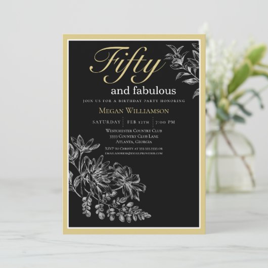 黒と金ゴールドのフローラ50と素晴らしい誕生日 招待状 (スタンド正面)