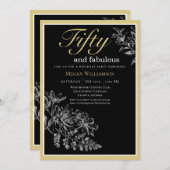 黒と金ゴールドのフローラ50と素晴らしい誕生日 招待状 (正面/裏面)